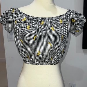 Forever 21 black & white checkered off the shoulder crop top with bananas